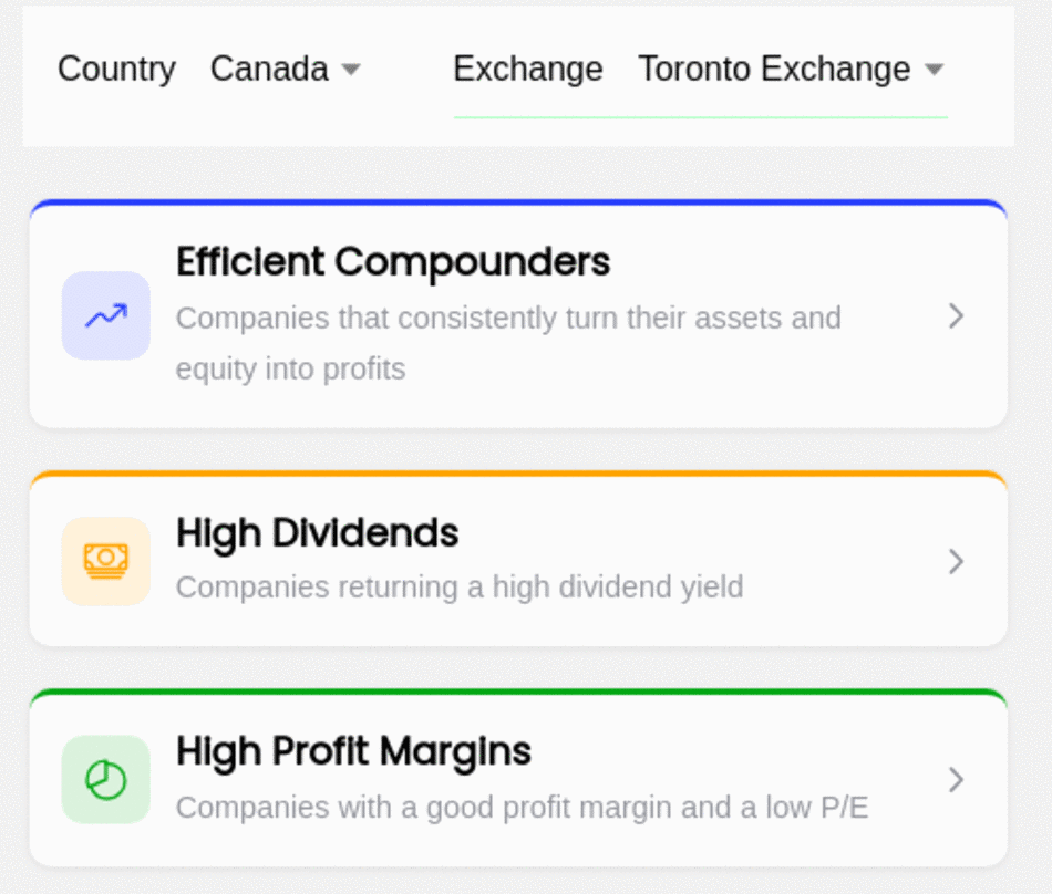 The Equishark Discover screen for the Toronto Exchange, showing ready-made filter cards